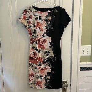Used Women’s Wisp Petites sheath boatneck dress, black / pink floral - size 2P